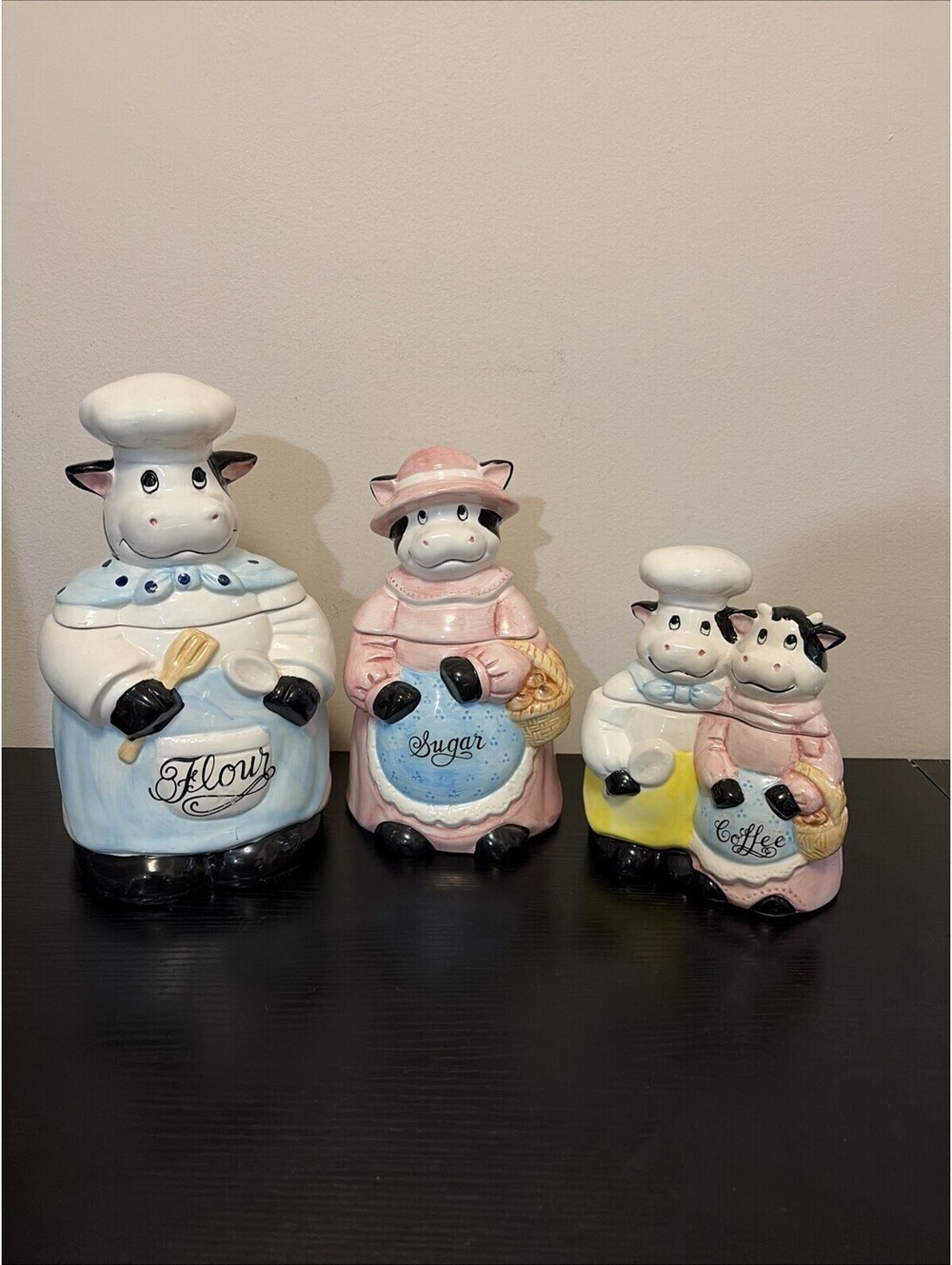Vgte Country Cow Ceramic Canister Set Flour Sugar Coffee Farmhouse Kitchen Rare